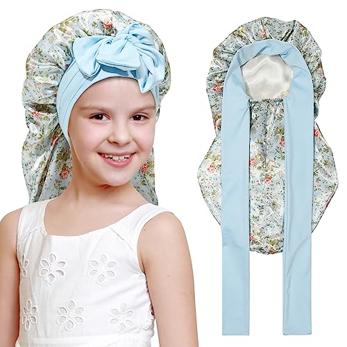 Kids Long Hair Bonnet for Sleeping - Double Layer Girls Elastic Satin Bonnet with Tie Band for Braid Curly Hair (Blue Flower+Beige)
