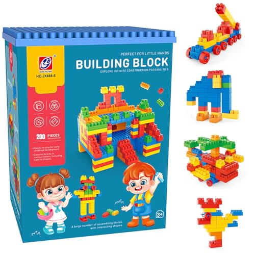 200-Piece Building Blocks Set for Kids & Toddlers with Baseplate Wheels and Multicolor Bricks | STEM Educational Toys for Boys & Girls | DIY Puzzle Games for Learning Creativity and Development