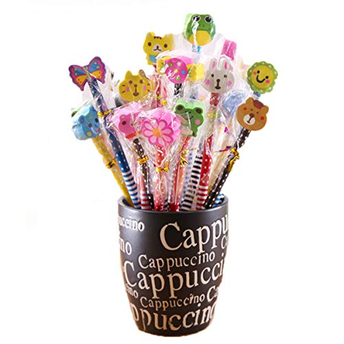 50 Pack Assorted Colorful Cartoon Animal Stripe Wooden Pencil With Animal Eraser, Pencil Top Erasers for School Supplies and Children Prize Gifts