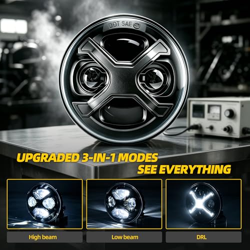 Image of 5-3 /4 inch LED Headlight with X-style DRL - Super Bright Black 5.75 Inch Projector Headlamp Fits Sportster Iron 883 Dyna Street Bob & Indian Scout Bobber (5.75 Inch White X DRL)
