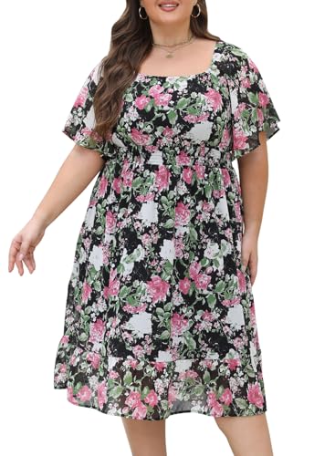 Image of Plus Size Chiffon Floral Dresses for Curvy Women Casual Summer A-Line Wedding Guest Party Dress with Smocked Waist