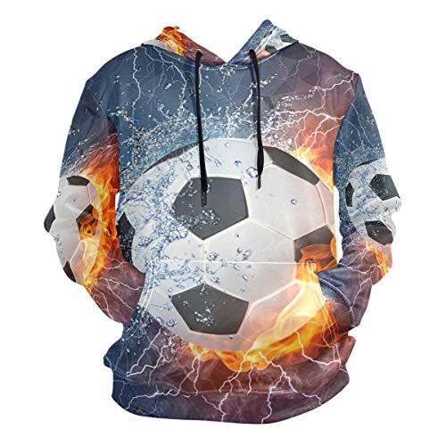 Moletom masculino com capuz e manga comprida com estampa 3D Fire Water Bola de futebol, Multicolorid