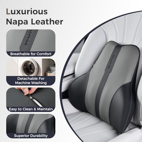 Image of Coverado Lumbar Support Pillow for Car, Ergonomic Memory Foam Back Pillow for Office Chair, Back Cushion for Back Pain Relief, PU Leather Car Lumbar Support for Driving Seat - Black&Gray