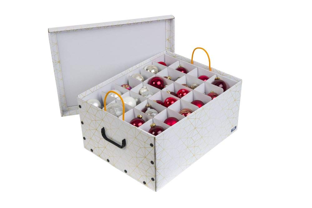 Dekokarton 3er-Set XXL in Weiß/Gold für Christbaumkugeln, Kunststoff-Griffe | Aus stabiler Pappe mit Einsätzen für bis zu 40 Kugeln oder sonstige Weihnachtsdeko. Robust und formschön.