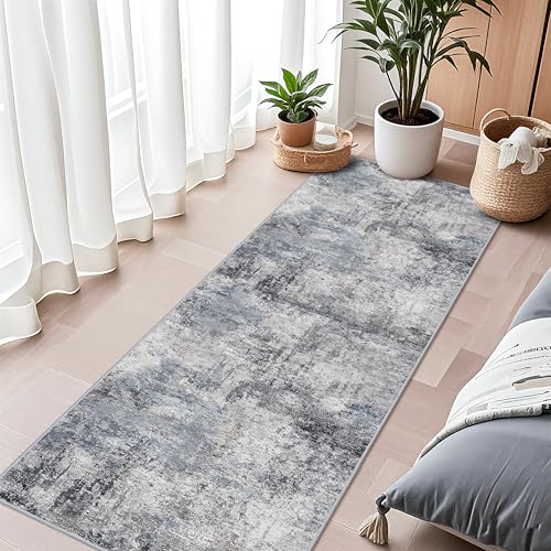 Hallway 2x6 Runner Rug for Home - Runner Rug Stain Resistant for Living Room Non Slip Indoor Entryway Rubber Backing Carpet Bedroom Kitchen Distressed Floor Decor Mat Machine Washable 2x6 Blue
