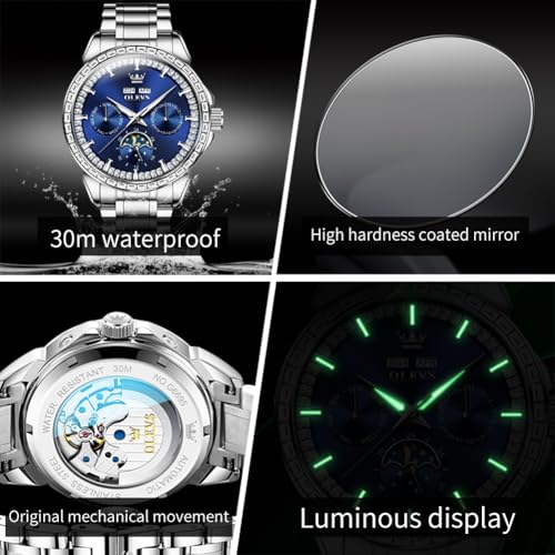 Image of OPK Men Analog Automatic Watches Waterproof Multifunction Chronograph Diamond Moon Phase Luminous Stainless Steel Band Wrist Watches