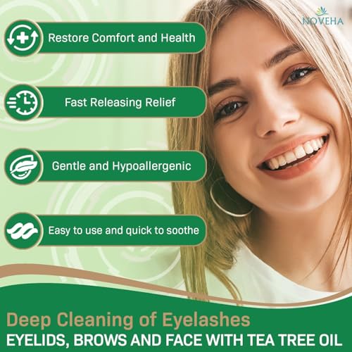 Image of NOVEHA 60PCs Tea Tree & Coconut Oil Eyelid & Lash Wipes - For Demodex, Blepharitis & Itchy Eyes, Individually Wrapped Eyelash Wipes With Aloe Vera, Natural Makeup Remover & Daily Eye Cleanser