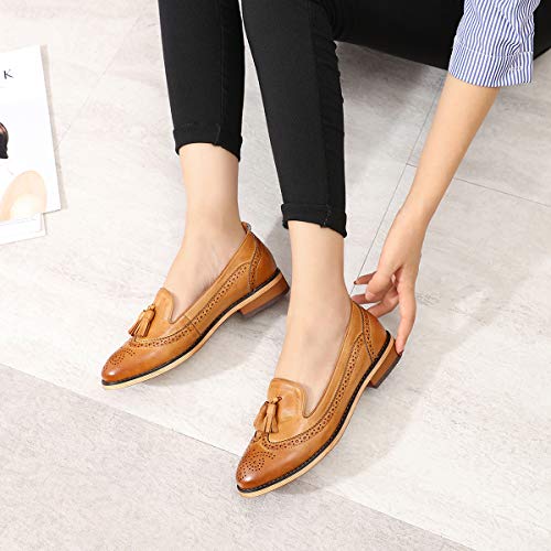 Image of Mona flying Women's Leather Tassel Loafers Slip on Brogue Flat Office Shoes