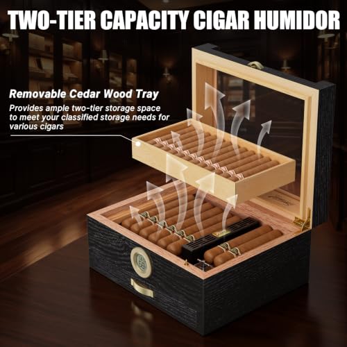 Image of Tesonway Cigar Humidor, Glass Top Cedar Cigar Box with Music System