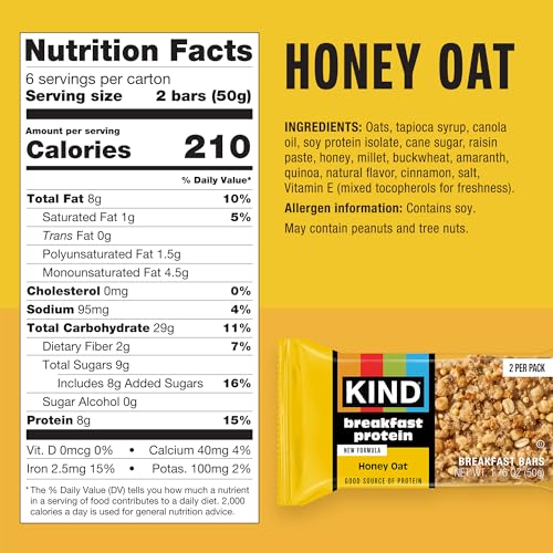 Image of KIND Breakfast Protein Bars, Honey Oat, Gluten Free, Low Sodium, Healthy Snacks, 8g Protein, 6 Count (6 Packs of 2 Bars) | Perfect for busy mornings: a gluten-free healthy snack with whole grain oats for on-the-go energy. Includes 6, 2-bar packs.