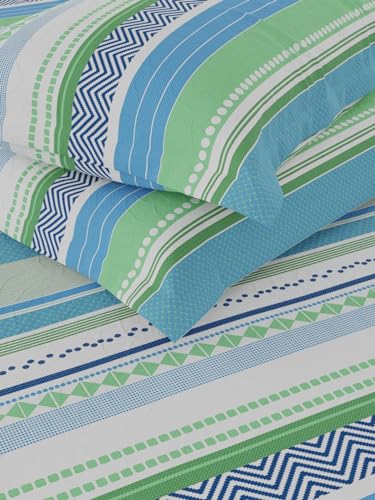 Image of KOPA Extra Smooth Cotton Double Bedsheet with 2 Pillow Covers -3pc Set (Lopez) | Extra Smooth Cotton | 1 Double Bedsheet with 2 King Size Pillow Covers Stripe-Green /Multi