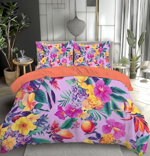Housse de couette 140x200 mauve tropicale en version réversible avec taies - 2