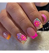Flower Press on Nails Short Square Colorful Daisy Fake Nails with French Tips Design Full Cover G...