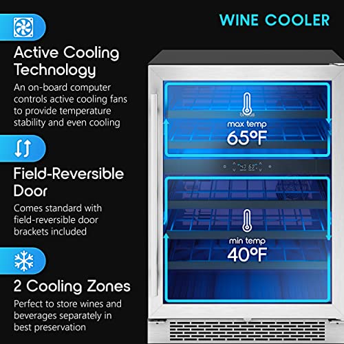 Zephyr Brisas 24 Inch Wine Fridge Dual Zone Under Counter - Low Noise Countertop Wine Cooler Cellars Cabinet Home Bar Freestanding Wine Refrigerator with Glass Door and Temp Control, 46 Bottles - Image 3