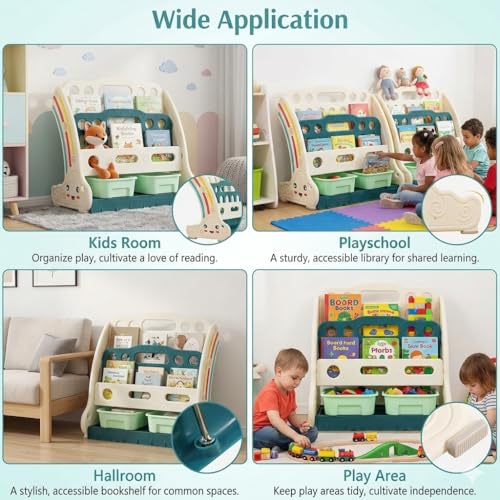 Image of 2 in 1 book shelf Cabinet for kids with toy organizers storage box for Home front facing display Storage bookshelf Rack for kid , 2‑Tier book shelves for kids with Storage Bin for Playroom Montessori