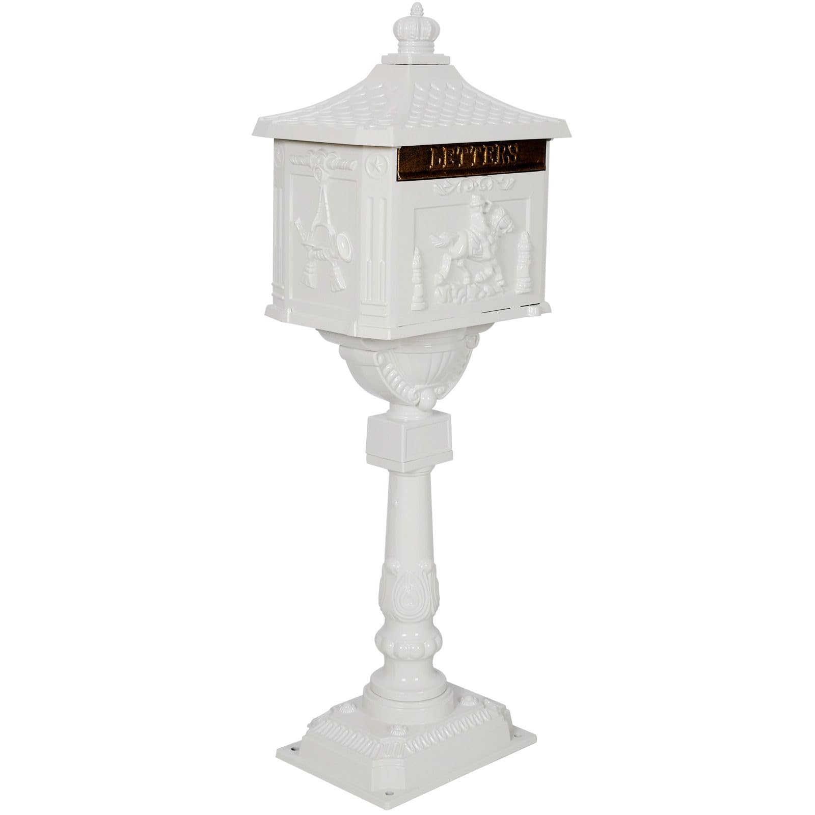 FRITHJILL Cast Aluminum Post Mount Mailbox, Heavy Duty Courtyard Villa Decoration Vertical Security Postal Mailbox, White