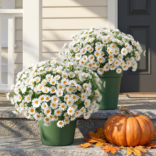 Image of HyeFlora Artificial Mums for Outdoors Fall Decor, 6 Bundles Fake Flowers UV Resistant Realistic Faux Flowers Bouquet Silk Flowers for Outside Planter Porch Patio Garden Yard Balcony Home, White