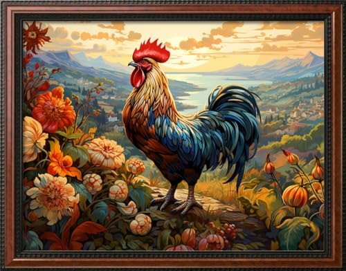 Image of Leczany Cross Stitch Stamped Kit for Adults - Colorful Rooster | DIY Embroidery Starter Patterns Craft Kit Needlepoint for Beginner | 11CT, 3 Strands | 17.3x13 inches