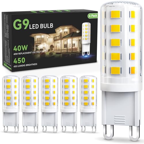 TJOY G9 LED Bulb 4W, 6000K Daylight 6 Pack, Equivalent 40 Watt T4 G9 Halogen Replacement, G 9 Bi-pin Base Light Bulbs for Chandelier, 120V 450 LM 360 Beam Angle for Home Lighting, Non-dimmable