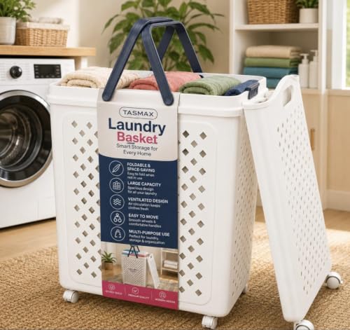 Image of TASMAX foldable laundry basket with wheels collapsible laundry basket plastic