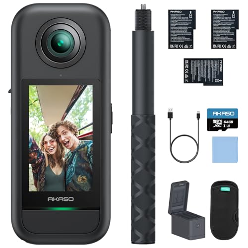 AKASO 360 Cámara de acción 360 Kit de Creadores, con 64GB Tarjeta de Memoria Sensor de 1/2', 5.7K 360, Fotos 72MP, Pantalla táctil de 2.29', Cámara Deportiva 360, Palo Selfie Invisible