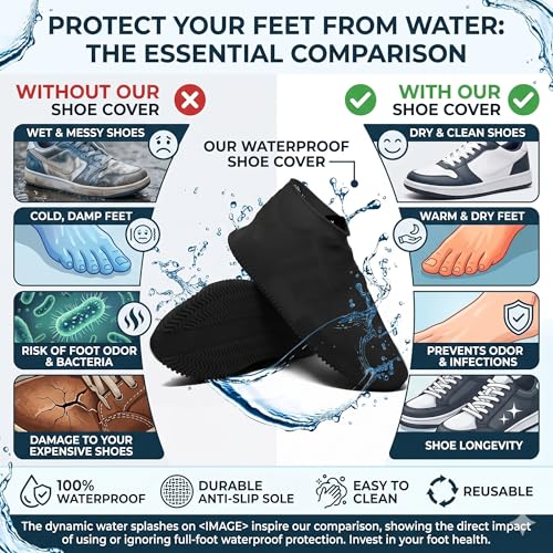 Image of Silicone Waterproof Rain Shoe Cover | Shoe Care & Accessories, Reusable, Non Slip Shoe Covers for Men Women Kids, Durable Overshoes for Rain, Snow, Biking, Trekking & Outdoor Use (Black, Medium US 4-6.5)