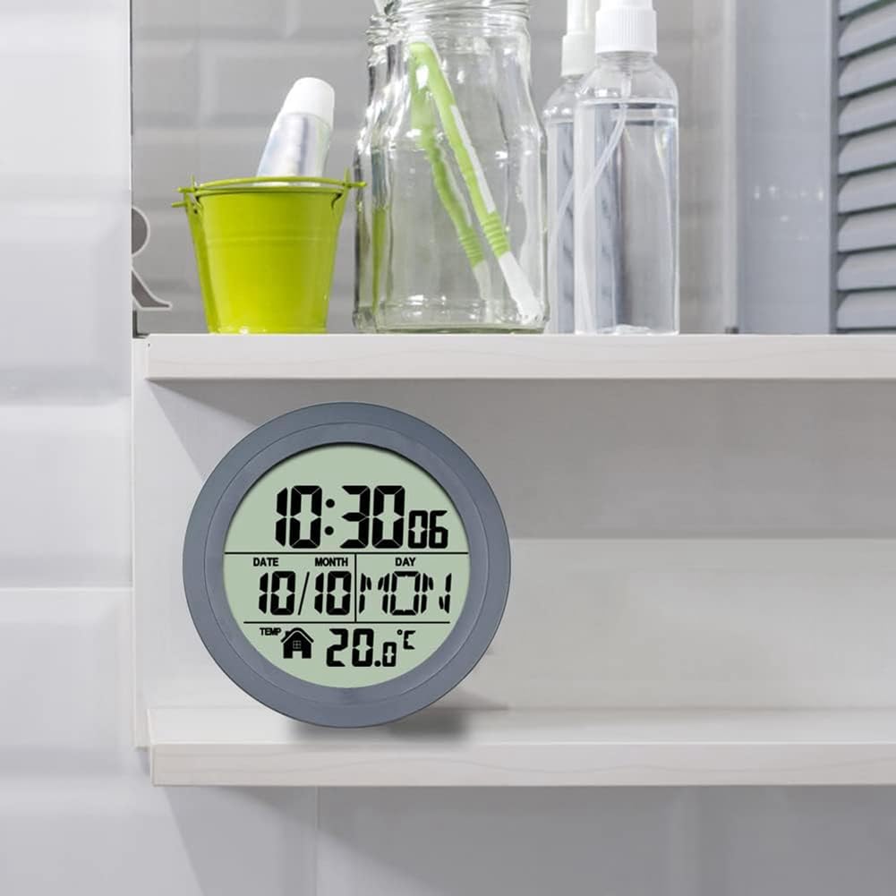 1 reloj con ventosa para el hogar, resistente al agua, para baño, cocina, pantalla digital LCD, detector de temperatura, color gris