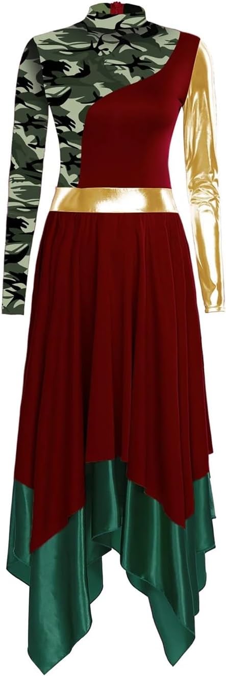 Praise Dance Dress Womens Metallic Glossy Ballet Lyrical Dance Dresses Print Liturgical Praise Choir