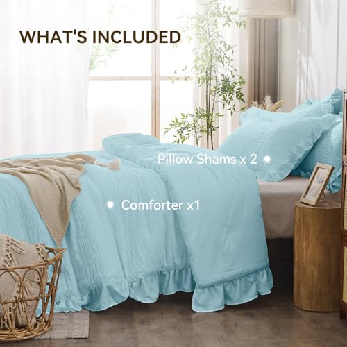 JOLLYVOGUE Light Blue Queen Comforter Set, 3 Pieces Seersucker Comforters Queen Size, Lightweight & Fluffy Bedding Sets for All Season with 1 Ruffle Comforter & 2 Ruffle Pillowshams