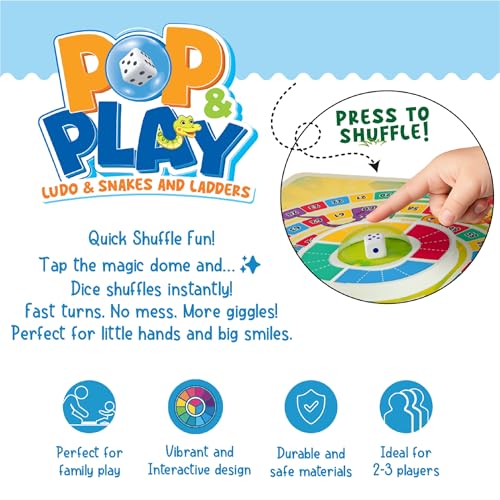 Image of Spartan Kids Pop & Play 2 in 1 Game Board, Ludo & Snakes and Ladders, Ages 3+, Multicolour, Press to Shuffle Dice Mechanism, 2-4 Players