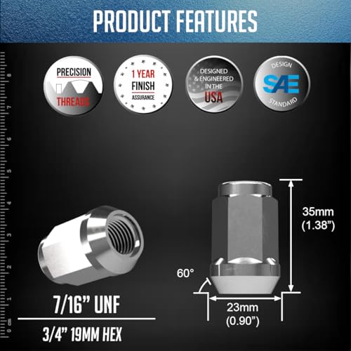 Image of Wheel Accessories Parts 20 Pcs 7 /16 inch-20 Thread Bulge Acorn 35mm 1.38 inch Long Lug Nuts Chrome 3 /4 inch 19mm Hex Fits Many Classic Chevrolet, Buick, GMC, Pontiac Vehicles