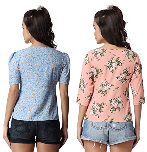 Image of POPWINGS Casual Floral Printed Round-Neck Puff-Sleeves Tops Combo for Women