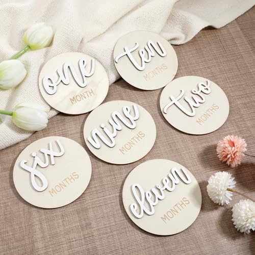 6 tarjetas de hito para bebé, letreros mensuales de madera de doble cara de 10 cm, 3D, señal de anuncio de edad recién nacida de 1 a 12 meses (blanco)