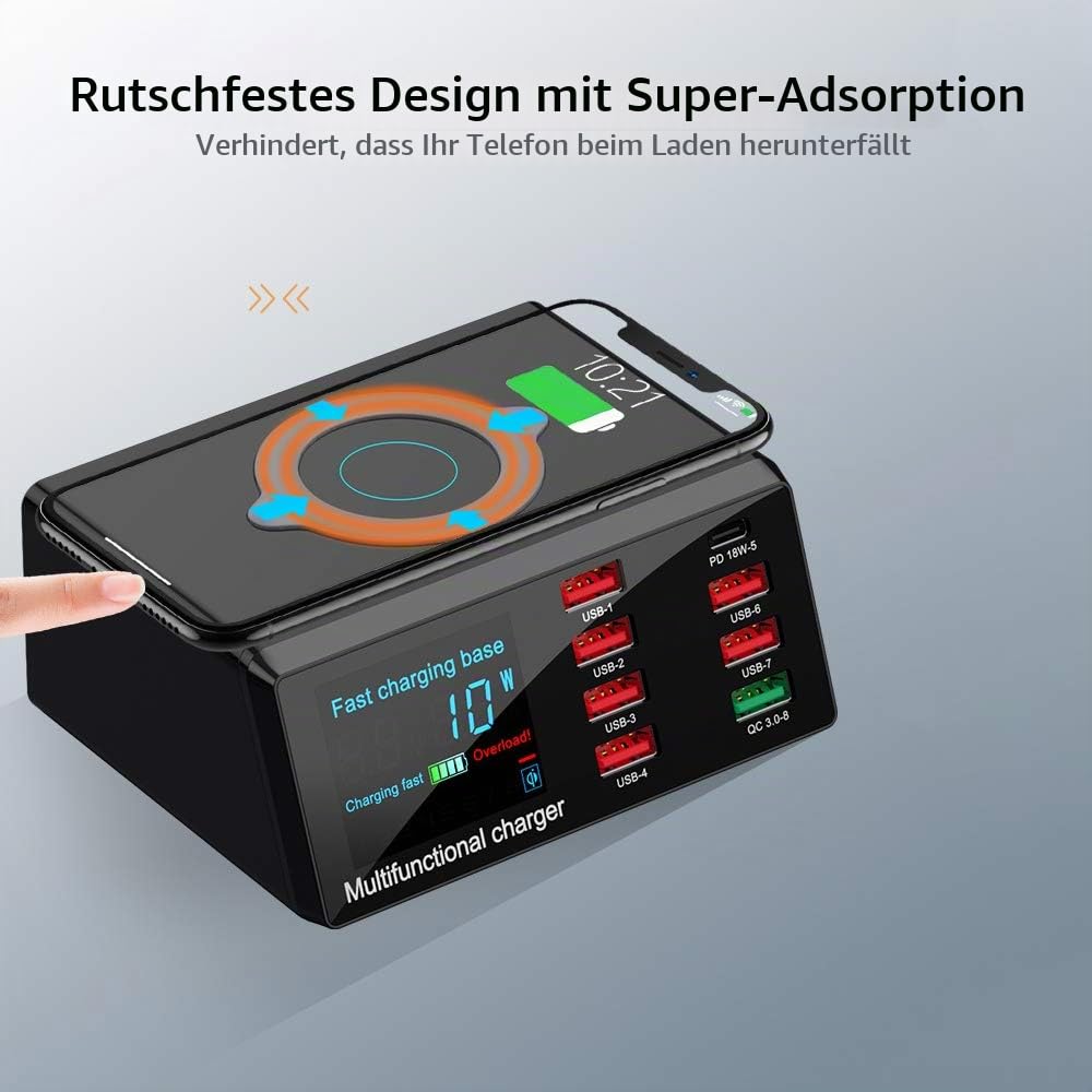 Irfora USB-Ladegerät,X9 8 Port Wireless USB Ladegerät Schnellladung PD + QC3.0 + USB Port Ladestation mit LED-Anzeige für Telefon/Laptop/Tablet EU-Stecker