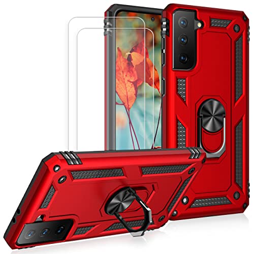 Joytag kompatibel Coque Samsung S21 5G,Etui + Verre Trempé[2 Pièces] magnétique Support Armure Robuste Antichoc Silicone TPU 360 degré Cas de téléphone de Voiture Bumper-Rouge Cover