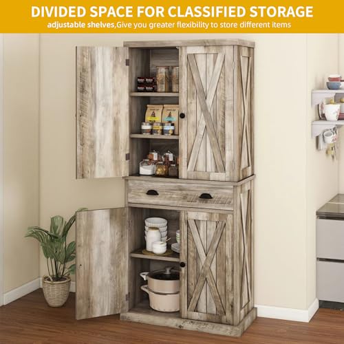 DWVO 72'' Farmhouse Kitchen Pantry, Rustic Wood Kitchen Storage Cabinets with Adjustable Shelves & Drawer, Tall Freestanding Cupboard for Dining Room, Living Room, Retro Gray