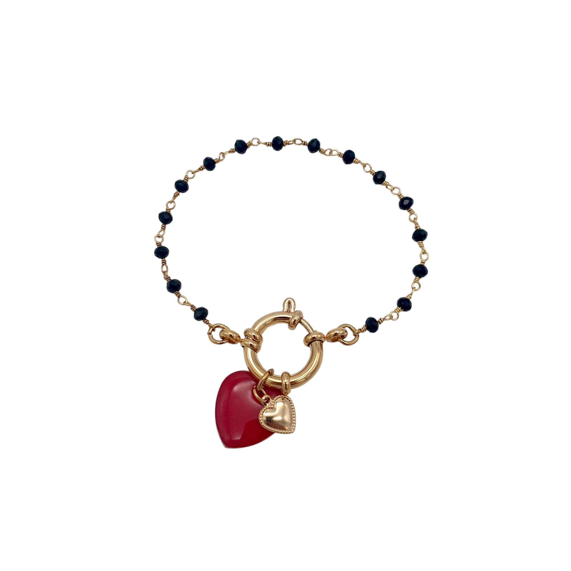 stylen Bracciale Donna con Grani Neri e Ciondoli Cuore in Acciaio, Braccialetto con Cuore Rosso Smaltato e Chiusura a Timone, Idea Regalo Elegante