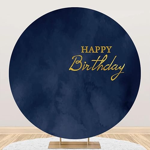 Miniatura 2 de DORCEV Fondo Redondo de Poliéster de 6.5x6.5 pies Azul Marino Feliz Cumpleaños Cubierta de Fondo Azul Marino Textura de Mármol Fondo de Cumpleaños