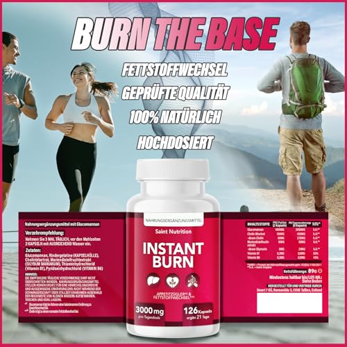INSTANT BURN® Appetitzügler Kapseln – Abnehmen & Stoffwechsel - EXTREM hochdosiert mit Glucomannan, Cholin, Vitamin B1 und B6 – Für Frauen & Männer, schnell & stark – Nahrungsergänzung, 21 Tage Kur