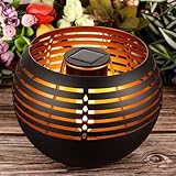 7.88" Solar Fire Bowl Light Outdoor - Matte Black & Gold Metal Design, Steady Warm Yellow Glow, Waterproof Garden/Patio Decor (No Flickering Flames)