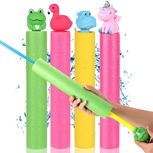 4 PACK Water Blaster Squirt Soaker Gun Water Shooter Pool Foam Noodles Pump Outdoor Water Toy with Animals Handle Summer Swimming Pool Toys Beach Sand Water Fight Game for Kids Boys Girls Adults