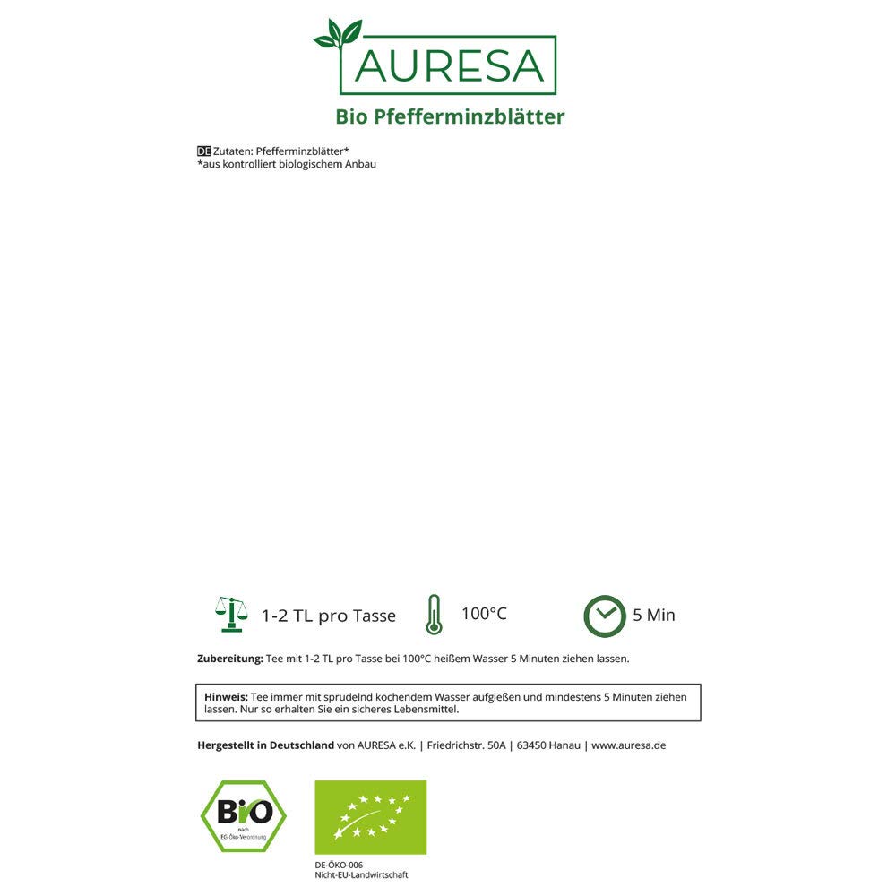 AURESA Bio Kräutertee Pfefferminzblätter | Erfrischender Bio Tee | Geschnittene und würzig frische Pfefferminze