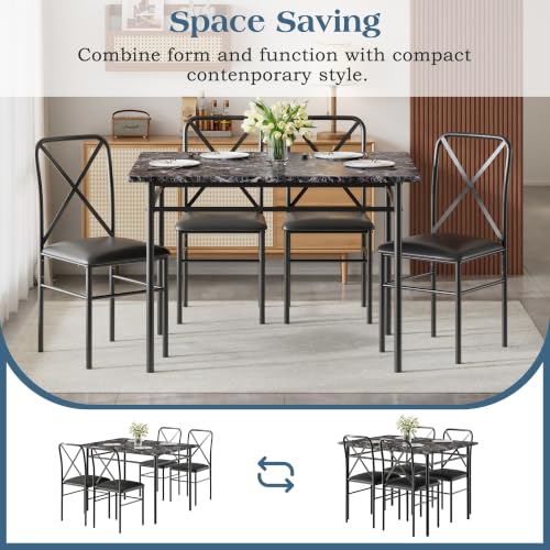 Image of VECELO 5-Piece Dining Table Set for 4 with Upholstered Chairs, Pure Black | Faux Marble Tabletop, Space-Saving, for Kitchen, Breakfast Nook