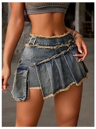 SOLY HUX Women's Y2k Mini Denim Skirt Pleated Asymmetrical Raw Hem Pocket A Line Jean Skirts4