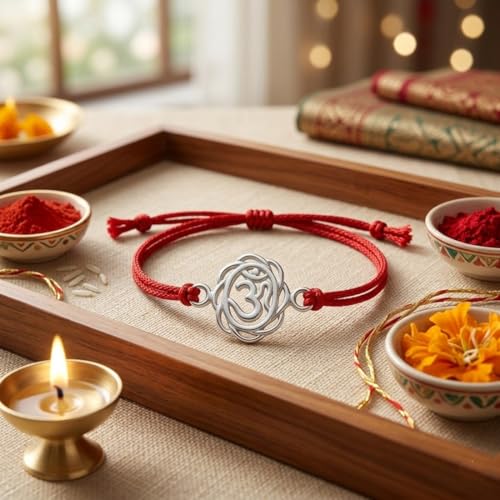 Image of Parnika 925 Pure 92.5 Sterling Silver Om Trishul Tripund Rakhi Bracelet for Brother | Hallmarked Silver Rakhi for Bhai & Bhaiya | Raksha Bandhan Gift with Roli Chawal | Premium Thread Rakhi