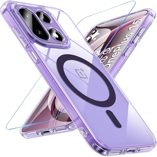 Vigamen für OnePlus 15 Hülle mit Panzer Schutz Glas kompatibel mit MagSafe Magnetische Anti-Vergilbung Handyhülle Stoßfest Kratzfest Schutzhülle Clear Case für OnePlus 15 5G (Violett)