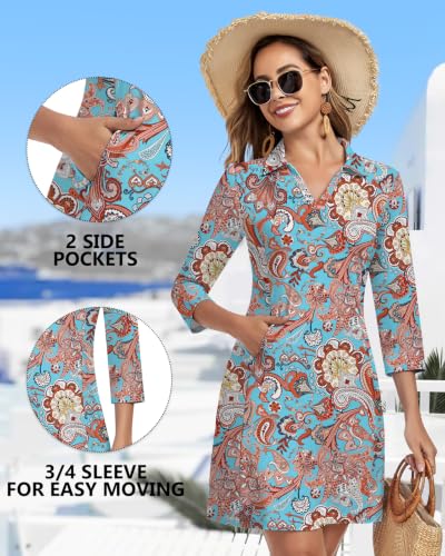 Image of WOWENY 3 /4 Sleeve Dress for Women with Pockets V Neck UPF 50+ Casual Sun Dress Breathable Quick Dry Beach Vacation