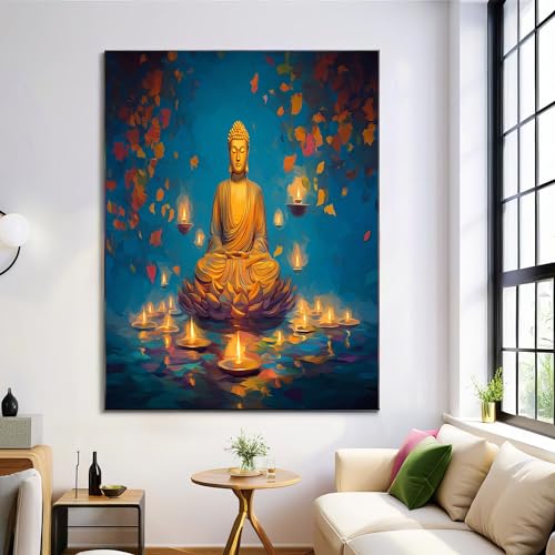 ANALTIRCE Arte En Lienzo Decoración Mural Zen Meditación Pintura Al Óleo, Pintura Póster Impresión Oro Escultura Con Azul Para Dormitorio Salón Cocina, 60×80 cm Sin Marco