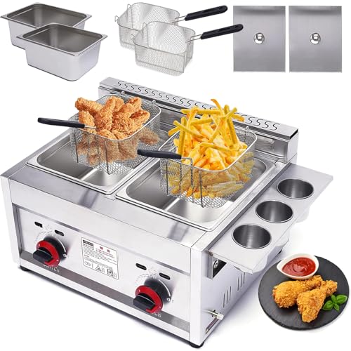 SAIYERUS Freidora de Gas de Doble Cilindro de Acero Inoxidable, Freidora Profesional para Restaurantes Comerciales y Cocina Doméstica para Pollo, Patatas Fritas y Más, z/Cesta para Freír, 10 L x 2