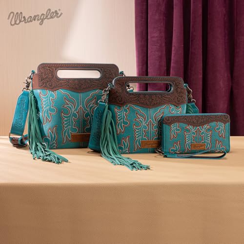 Image of Wrangler Western Handbag for Women Crossbody Bag Top Handle Shoulder Bag Embossed Cowgirl Fringe Purse